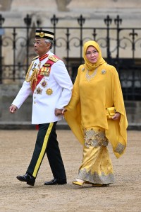 LONDON, ENGLAND - MAY 06: His Majesty Yang di-Pertuan Agong Al-Sultan Abdullah Ri'ayatuddin Al-Mustafa Billah Shah of Malaysia and Her Majesty Raja Permaisuri Agong Tunku Hajah Azizah Aminah Maimunah Iskandariah of Malaysia attend the Coronation of King Charles III and Queen Camilla on May 06, 2023 in London, England. The Coronation of Charles III and his wife, Camilla, as King and Queen of the United Kingdom of Great Britain and Northern Ireland, and the other Commonwealth realms takes place at Westminster Abbey today. Charles acceded to the throne on 8 September 2022, upon the death of his mother, Elizabeth II. (Photo by Jeff Spicer/Getty Images)