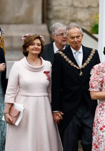 LONDON, ENGLAND - MAY 06: Cherie Blair and Former PM Tony Blair depart from the Coronation of King Charles III and Queen Camilla on May 06, 2023 in London, England. The Coronation of Charles III and his wife, Camilla, as King and Queen of the United Kingdom of Great Britain and Northern Ireland, and the other Commonwealth realms takes place at Westminster Abbey today. Charles acceded to the throne on 8 September 2022, upon the death of his mother, Elizabeth II. (Photo by Jeff J Mitchell/Getty Images)