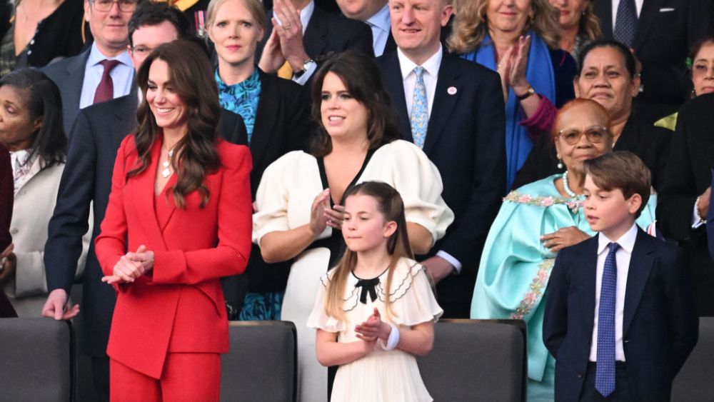 (L-R) Catherine, Princess of Wales, Princess Eugenie, Princess Charlotte of Wales and Prince George of Wales during the Coronation Concert on May 7 in Windsor, England.