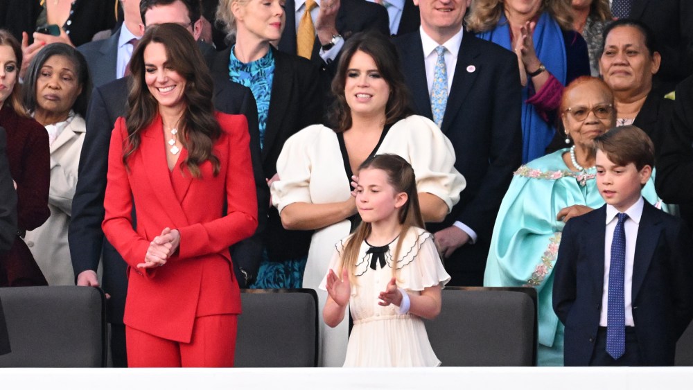 WINDSOR, ENGLAND - MAY 07: (L-R) Catherine, Princess of Wales, Princess Eugenie, Princess Charlotte of Wales and Prince George of Wales during the Coronation Concert on May 07, 2023 in Windsor, England. The Windsor Castle Concert is part of the celebrations of the Coronation of Charles III and his wife, Camilla, as King and Queen of the United Kingdom of Great Britain and Northern Ireland, and the other Commonwealth realms that took place at Westminster Abbey yesterday. High-profile performers will entertain members of the royal family and 20,000 guests including 10,000 members of the public. (Photo by Leon Neal/Getty Images)