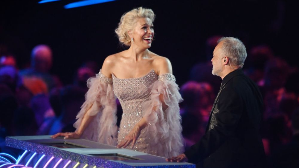 Eurovision hosts Hannah Waddingham and Graham Norton during the 2023 Eurovision Song Contest on May 13 in Liverpool, England.