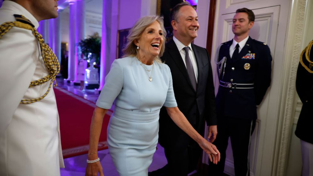 Jill Biden, Doug Emhoff, Jewish Heritage Month, blue dress, white house
