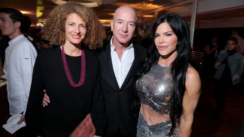 Ginevra Elkann, Jeff Bezos and Lauren Sanchez attend the Vanity Fair x Prada Party during the 2023 Cannes Film Festival in Cap d'Antibes, France on May 20.