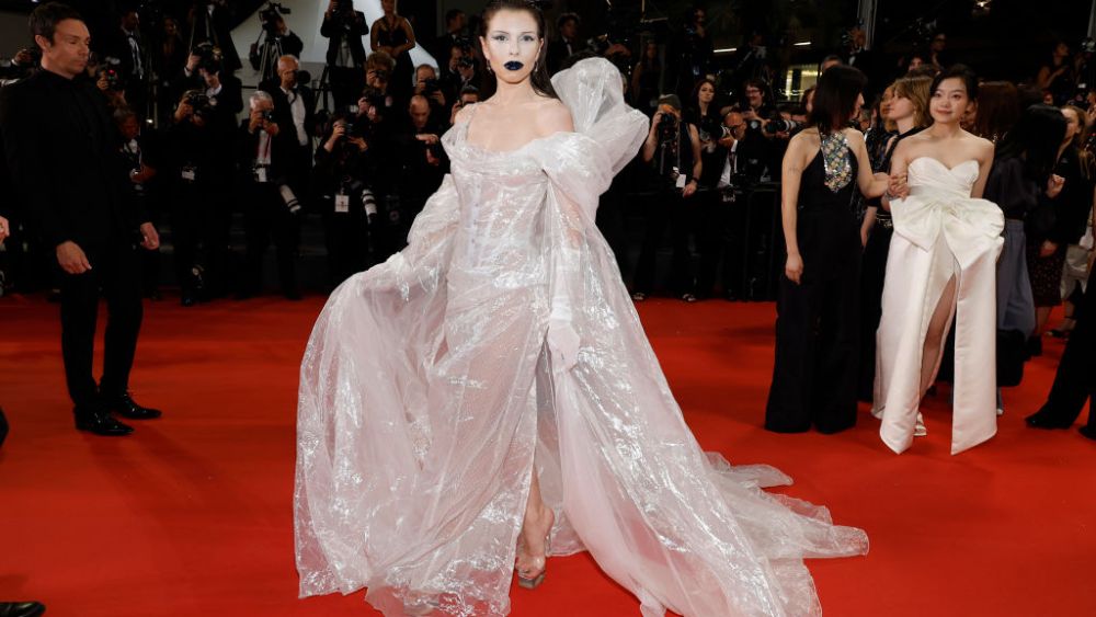 Julia Fox clear dress, cannes film festival red carpet 2023, at "The Idol" red carpet on May 22 in Cannes, France.