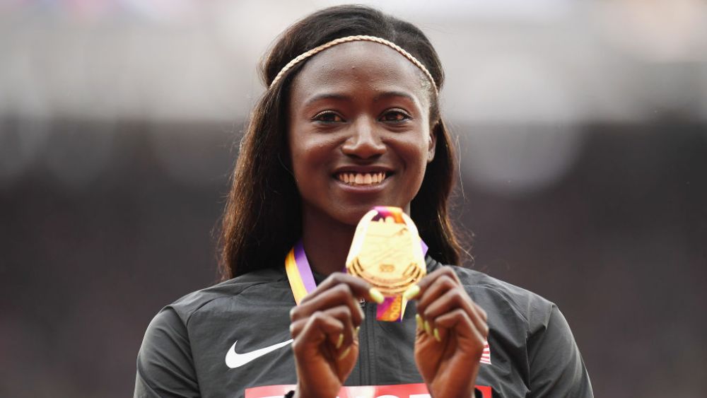 Tori Bowie of the U.S. poses with the gold medal for the Women's 100 meters during the 16th IAAF World Athletics Championships on Aug. 7, 2017 in London.