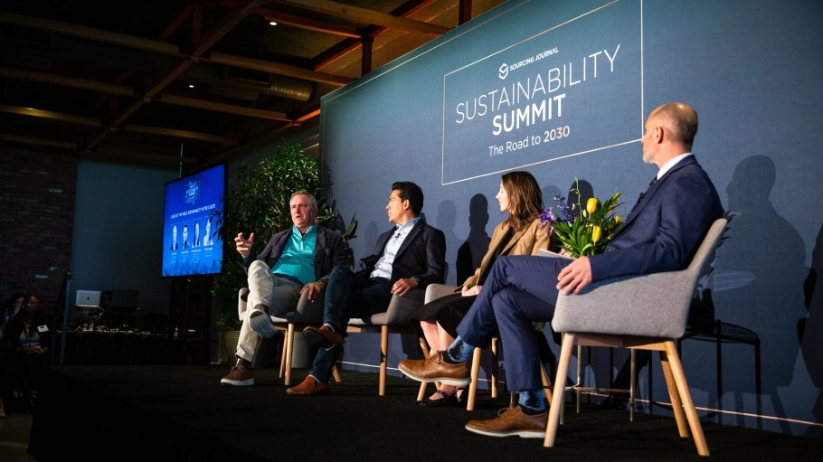 FROM LEFT, CHRIS FOX, HANES, MARCO REYES, WALMART, KATHLEEN TALBOT, REFORMATION, AND PETE SADERA, SOURCING JOURNAL