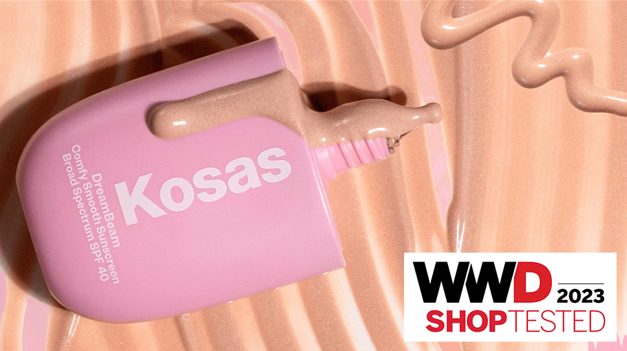 Kosas DreamBeam Comfy sunscreen pink bottle with formula swipe