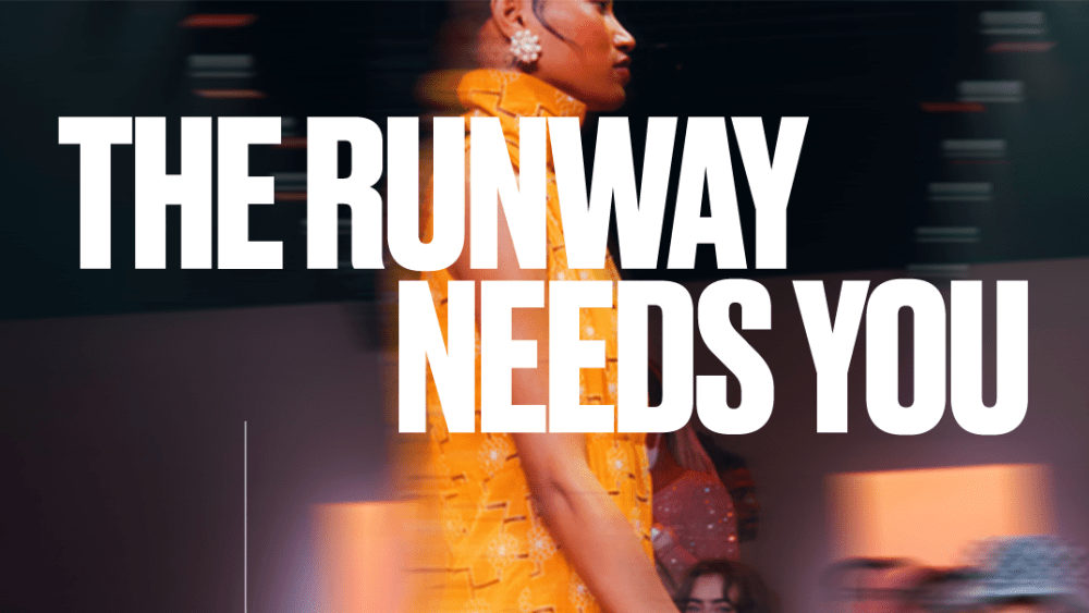 An ad for the NYFW: The Shows Small Business Grant Supported by UPS features a model blurred as she's walking down a runway with text over the top that says "The Runway Needs You...apply now"