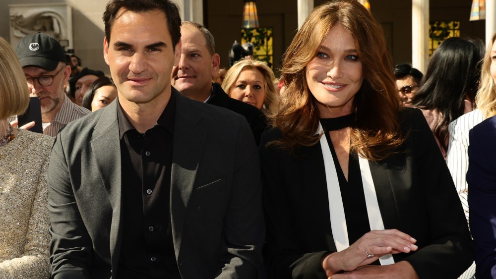Roger Federer and Carla Bruni attend the press conference for the 2023 Met Gala celebrating "Karl Lagerfeld: A Line Of Beauty.”
