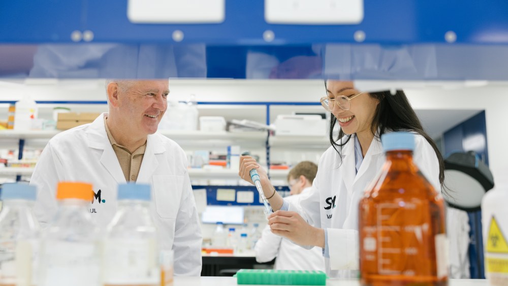 In the lab with Samsara Eco, an Australian textile-to-textile recycling firm. Here, two lab technicians experiment with enzymes to deconstruct plastic into new fiber.