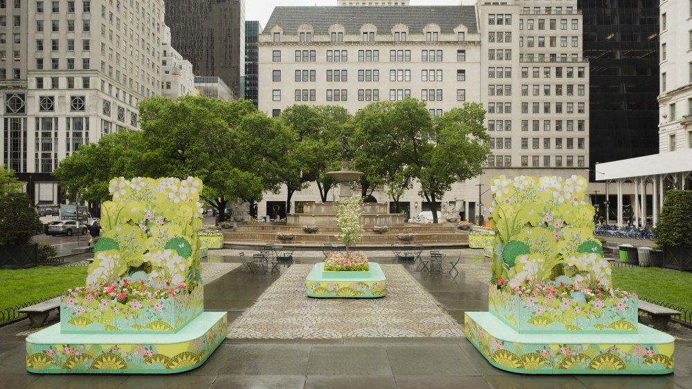 The "Blooms" installations at the Pulitzer Plaza off Fifth Avenue.