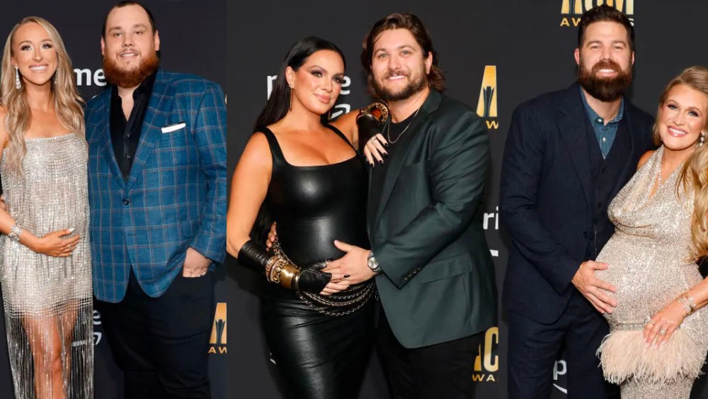 acm awards 2023 red carpet looks, pregnant, baby bump, (L-R) pregnant Nicole Combs and Luke Combs wife, pregnant Kristen Davis and Jordan Davis wife, and pregnant wife Renee Blair and Jordan Schmidt, on May 11 at the 2023 ACM Awards.