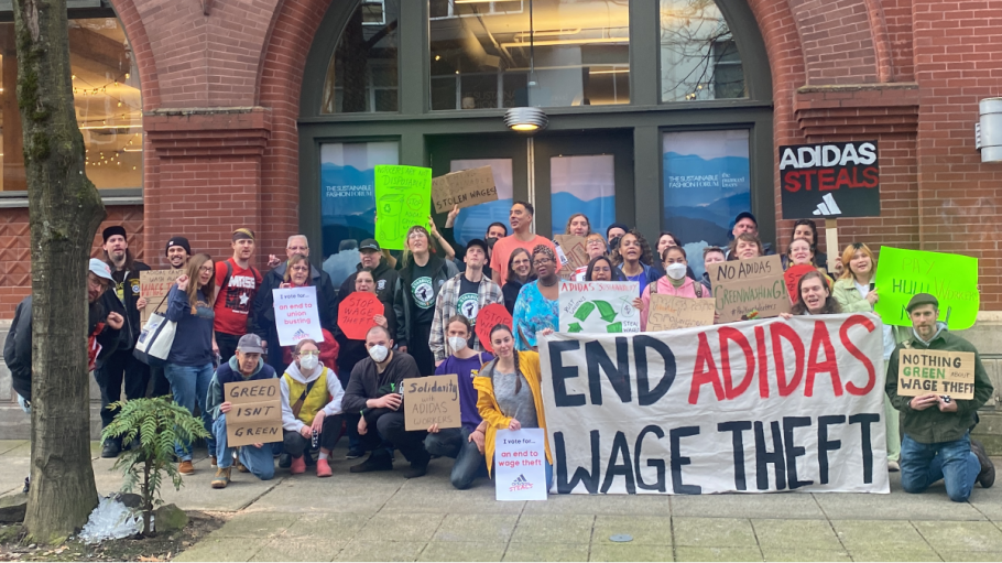 #PayYourWorkers organized a protest against Adidas at the Sustainable Fashion Forum on April 22, 2023.