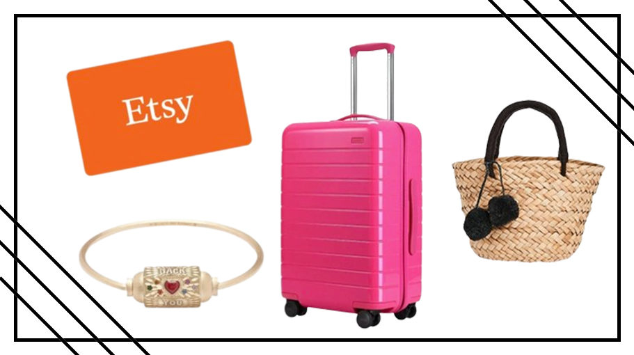 a gift card, bracelet, straw bag, and carry-on luggage for last-minute mother's day gifts