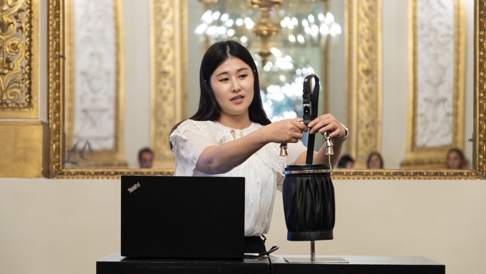 Daseul Choi presenting her project, Choi bag during the closing event of the THINK BAG competition in Villa Favard campus of Polimoda