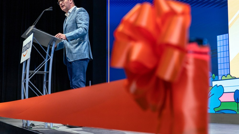 John Schoettler, Vice President of Global Real Estate and Facilities at Amazon, speaks during a grand opening ceremony at Amazon's second headquarters, HQ2, in Arlington, Va.,Thursday, June 15, 2023. (AP Photo/Jacquelyn Martin)
