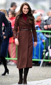 For her first public appearance after becoming the Duchess of Cornwall, Kate wore a Hobbs London coat, Kiltane Scotland turtleneck sweater, Edeline Lee skirt, and Gianvito Rossi boots.
