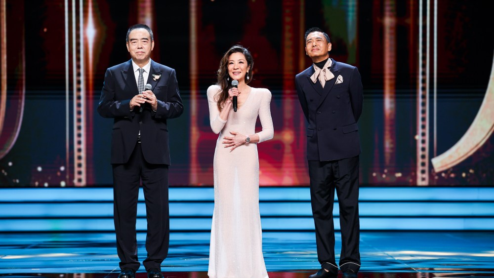 SHANGHAI, CHINA - JUNE 09: (L - R) Director Chen Kaige, actress Michelle Yeoh and actor Chow Yun-fat attend the opening ceremony of the 25th Shanghai International Film Festival at Shanghai Grand Theatre on June 9, 2023 in Shanghai, China. (Photo by VCG/VCG via Getty Images)