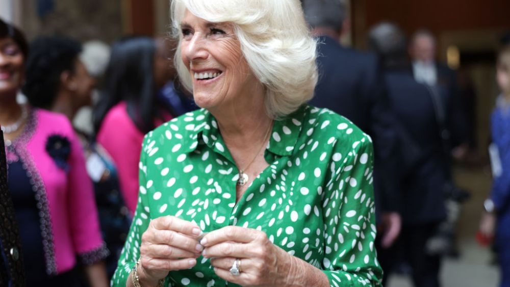 Queen Camilla during the reception to mark the 75th anniversary of the arrival of HMT Empire Windrush at Buckingham Palace on June 14 in London.
