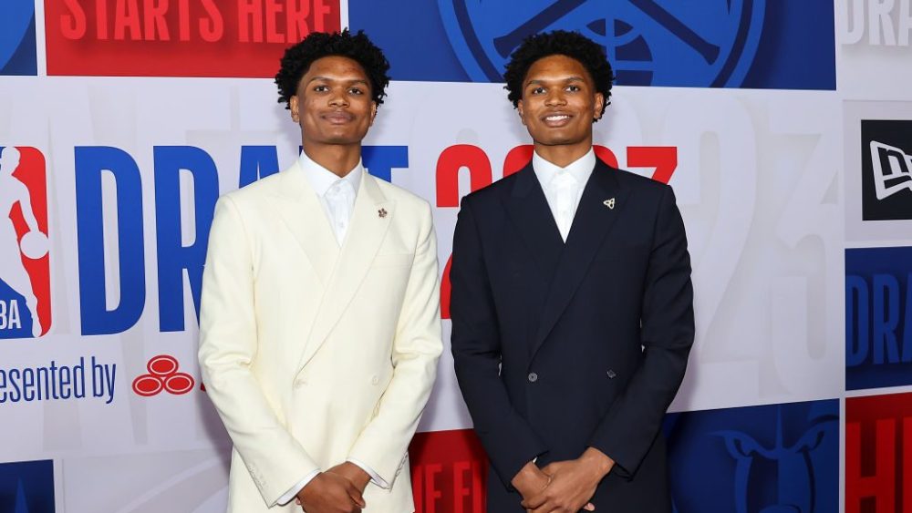 twins, red carpet looks and outfit, Amen and Ausar Thompson arrive prior to the first round of the 2023 NBA Draft on June 22 in New York City.