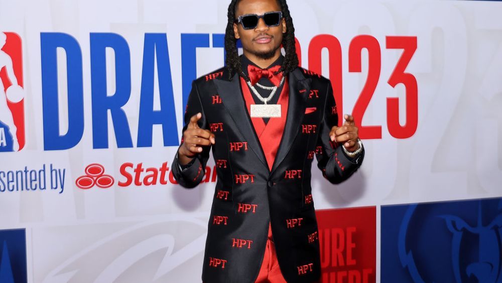 Cason Wallace suit, red carpet look, at the 2023 NBA draft on June 22 in New York City.