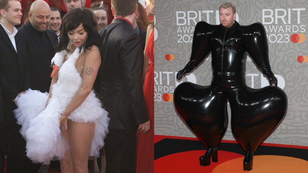 Marjan Pejoski’s ‘swan’ dress, worn by Björk to the Oscars in 2001; A Harri latex suit worn by Sam Smith to this year’s BRIT Awards.