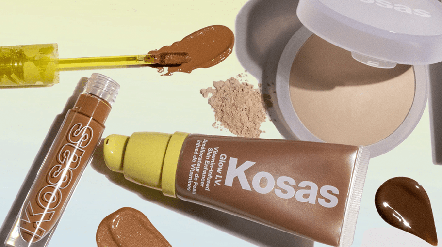 beauty products and swatches on a yellow and blue background