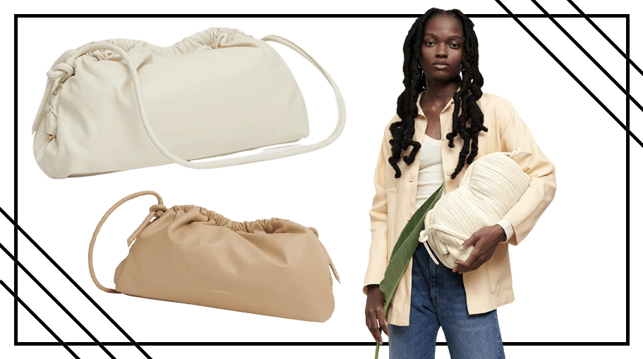 Woman holding Mansur Gavriel Oversized Pleated Cloud Clutch in Crema; Mansur Gavriel Oversized Cloud Clutch in Sand