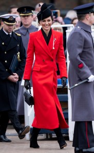 The Princess wore a slim fit Alexander McQueen coat for St. David’s Day, accessorizing with a black hat by milliner Juliette Botterill, Mulberry bag, and Gianvito Rossi boots.