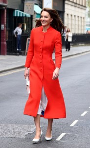 The Princess showed her patriotism in a red coat with blue lining by Eponine London, a white Suzannah Flippy dress, Mulberry bag, and Jimmy Choo heels.