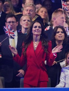 Kate re-wore a bright red Alexander McQueen suit set, accessorizing with a necklace and earrings from Van Cleef and Arpels for a coronation concert at Windsor Castle later that day.