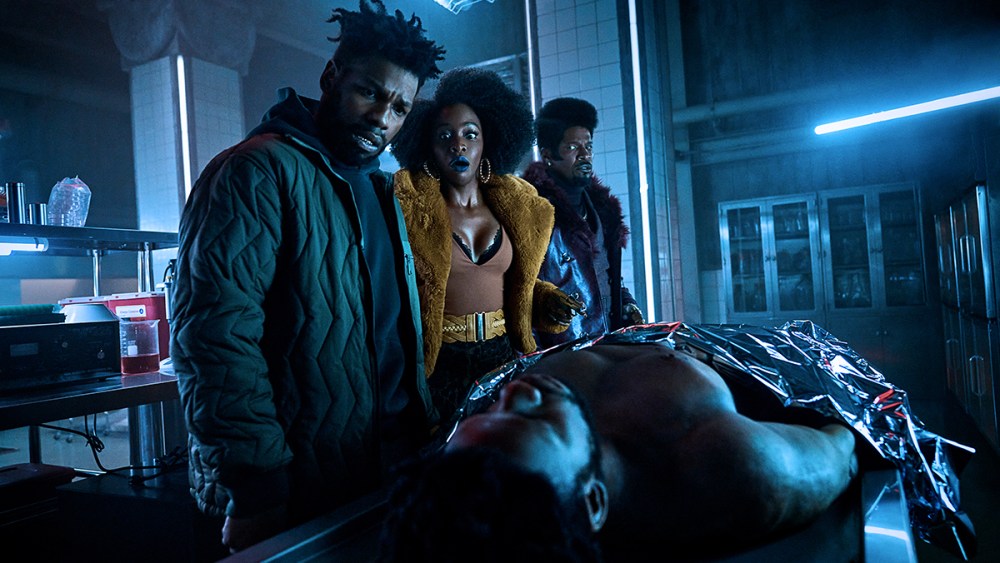 (L to R) John Boyega as Fontaine, Teyonah Parris as Yo-Yo and Jamie Foxx as Slick Charles in "They Cloned Tyrone."
