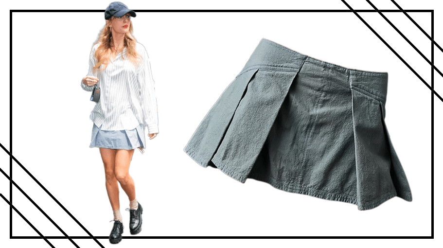 woman walking; blue skort