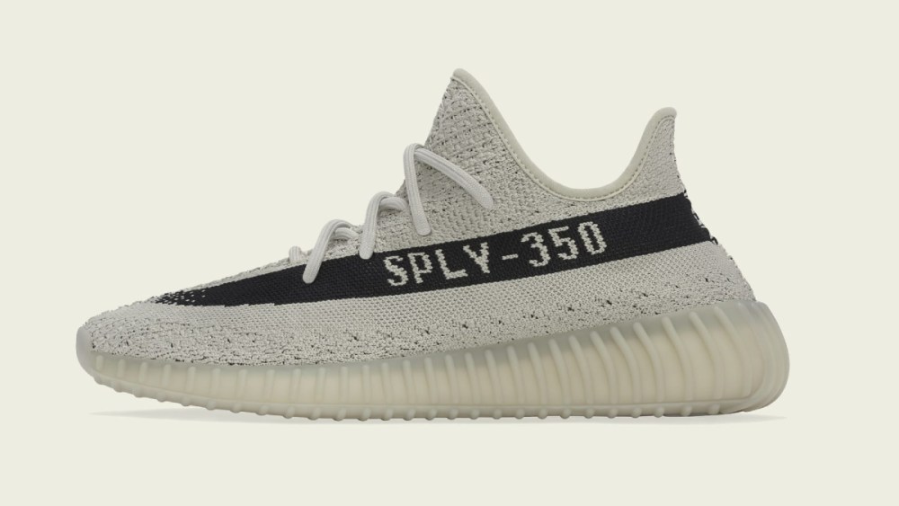 The medial side of the Adidas Yeezy Boost 350 V2 "Slate."