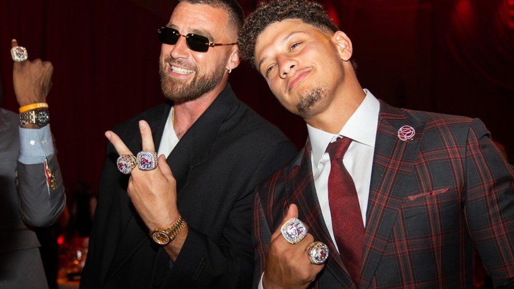 KANSAS CITY, MISSOURI - JUNE 15: In this handout image provided by the Kansas City Chiefs, Travis Kelce and Patrick Mahomes of the Kansas City Chiefs pose during the Kansas City Chiefs Super Bowl LVII Ring Ceremony at Union Station on June 15, 2023 in Kansas City, Missouri. (Photo by Handout/Kansas City Chiefs via Getty Images)