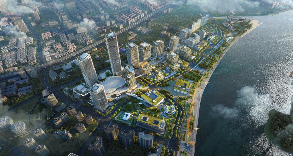 An illustration of the Shanghai West Bund Financial Hub, to be completed in 2027.