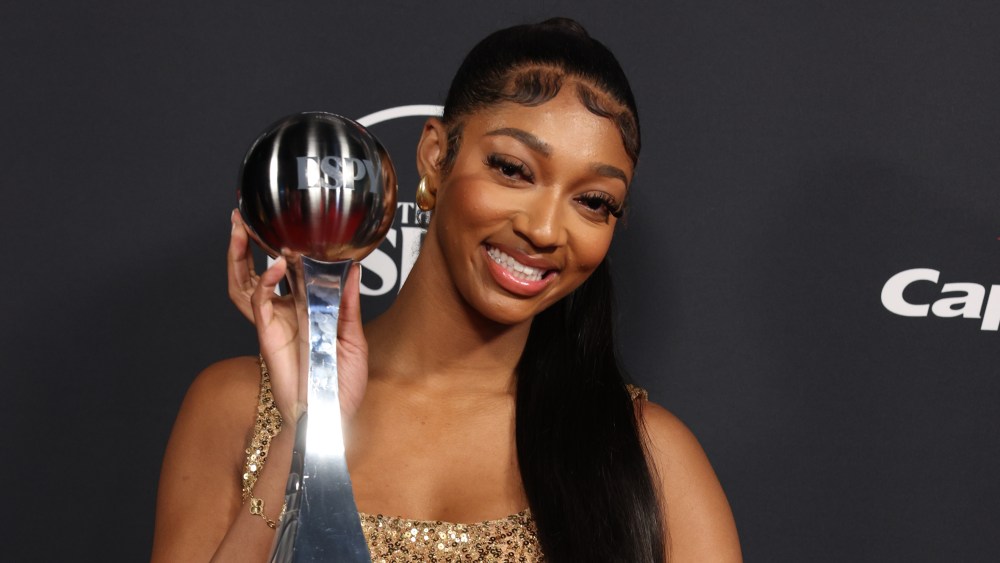 Los Angeles, CA - July 12, 2023 - Dolby Theater: Angel Reese holding her ESPY, backstage during the 2023 ESPYS presented by Capital One. (Photo by Allen Kee / ESPN Images)