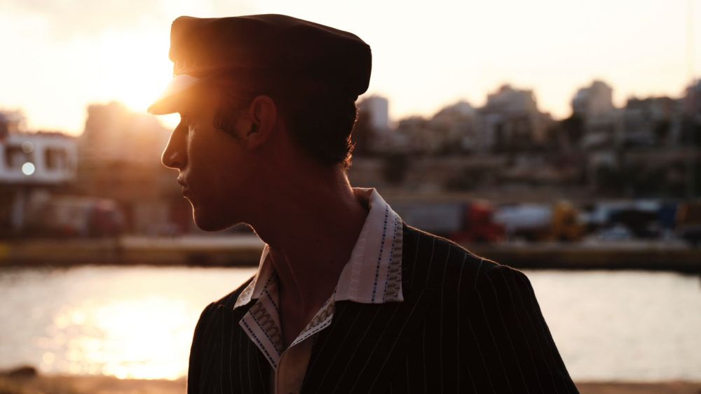 A look from Marios Schwab's new menswear collection for the Greek label Zeus + Dione.