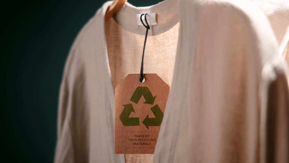 Recycling Products Concept. Organic Cotton Recycling Cloth. Zero Waste Materials. Environment Care, Reuse, Renewable for Sustainable Lifestyle. Recycle Icon show on Tag