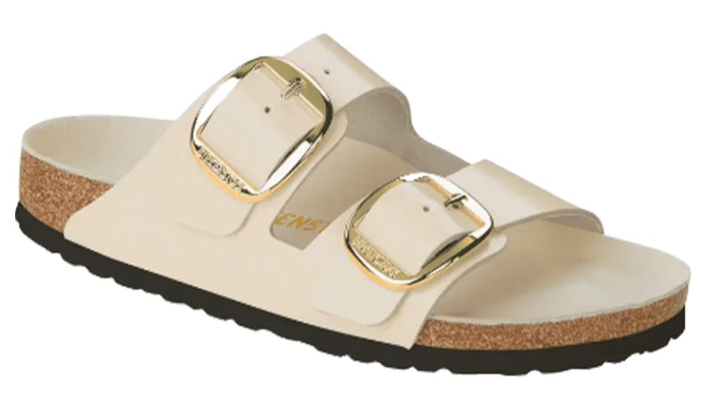 beige birkenstock sandal with big buckles