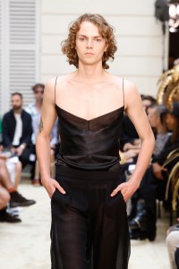 Model on the runway at Burc Akyol Spring 2024 Menswear Collection Fashion Show at the Burc Akyol showroom on June 20, 2023 in Paris, France.