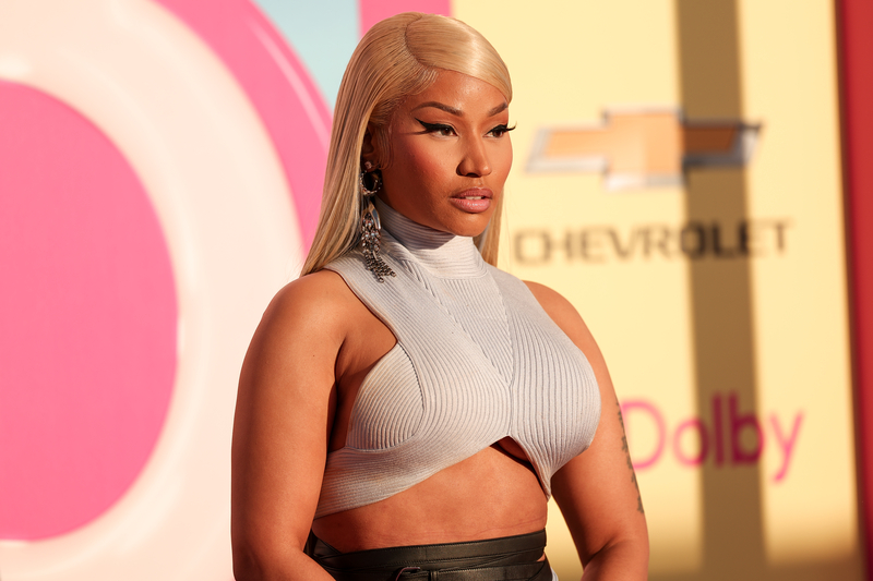Nicki Minaj at the "Barbie" world premiere on July 9 in Los Angeles, alaia dress, red carpet.