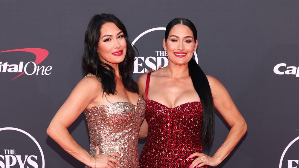 Nikki and Brie Garcia at the 2023 ESPYS on July 12 in Los Angeles, bella twins, Nadine Merabi dress and jumpsuit