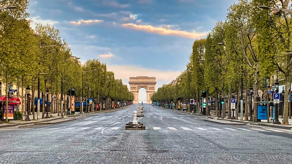 Paris, France - April 11, 2020 Avenue des Champs-Élysées, Arc de Triomphe is visible.