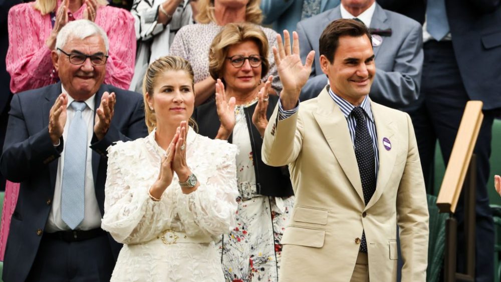 Roger and Mirka Federer attend Day Two of Wimbledon on July 4 in London.