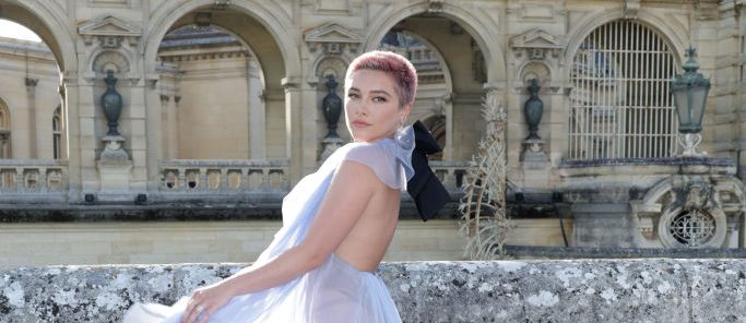 Florence Pugh, Valentino sheer purple dress, Paris Couture Week, see-through look