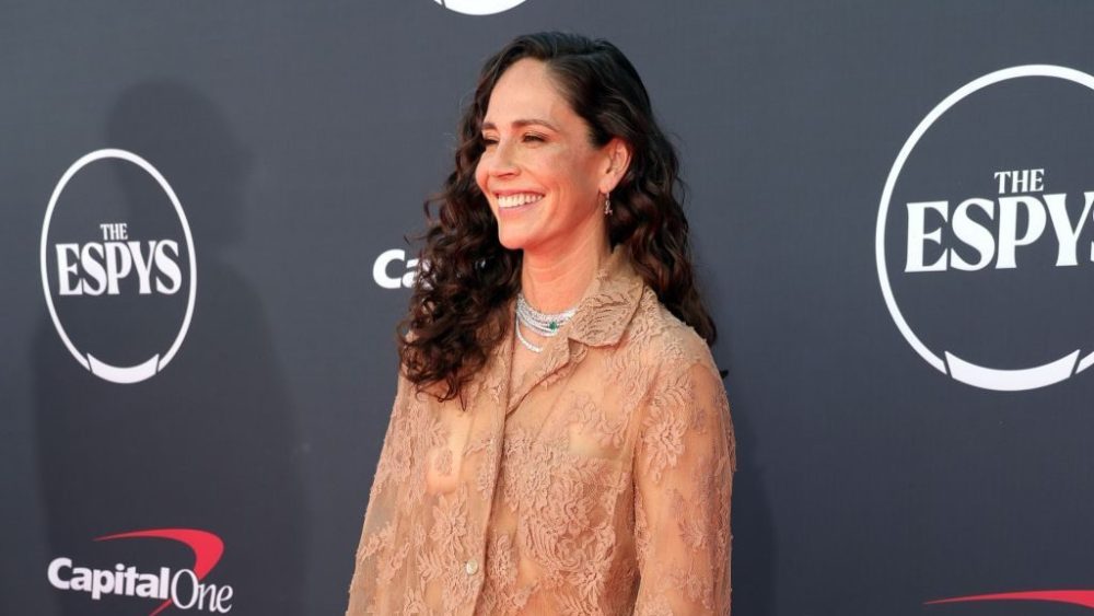 Sue Bird, gucci lace suit, attends the 2023 ESPY Awards on July 12 in Los Angeles.
