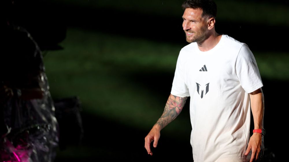 Lionel Messi looks on during Inter Miami CF Hosts "The Unveil" at DRV PNK Stadium on July 16 in Fort Lauderdale, Florida. (Photo by Mike Ehrmann/Getty Images)