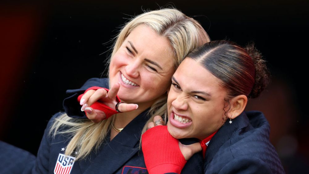 (L-R) Lindsey Horan and Trinity Rodman during the pitch inspection prior to the FIFA Women's World Cup on July 27 in Wellington, New Zealand.
