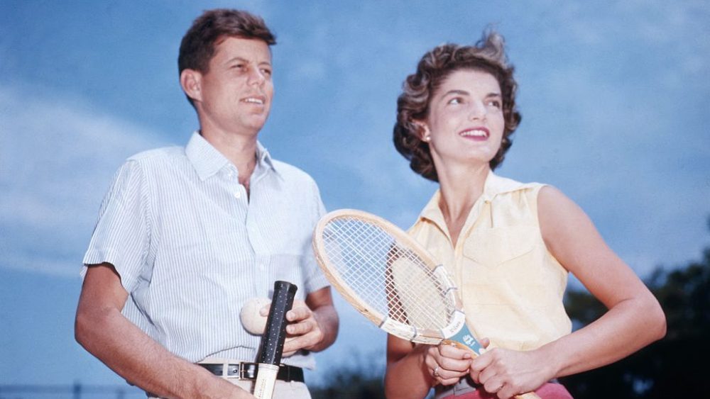 kennedy compound, Senator John f Kennedy and his fiancee Jacqueline Bouvier play tennis, hyannisport, massachusetts